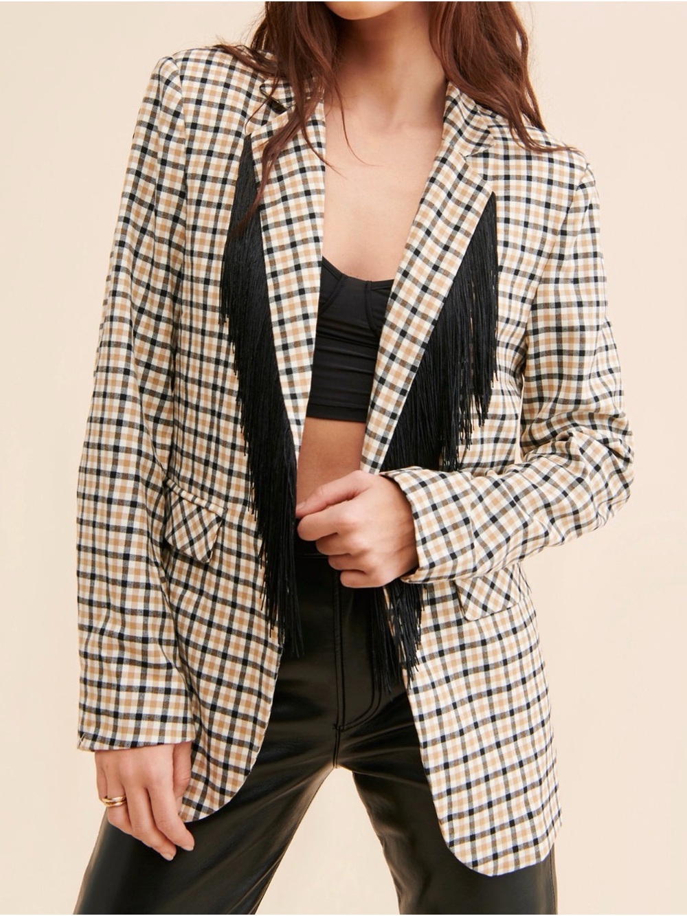 Sister Jane Plaid Fringe-Trim Blazer in Beige, Black & Cream